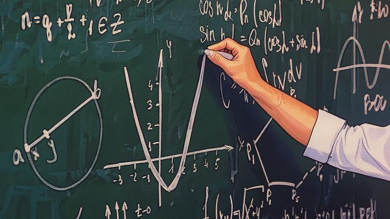 Lousa verde com gráficos matemáticos tendo como destaque central uma parábola invertida • Freepik