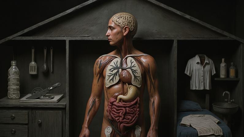 Emmanuel Lafont An illustrated anatomical sketch of a person inside a home surrounded by clouds of microplastics (Credit: Emmanuel Lafont)