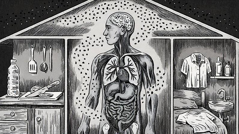 Emmanuel Lafont An illustrated anatomical sketch of a person inside a home surrounded by clouds of microplastics (Credit: Emmanuel Lafont)