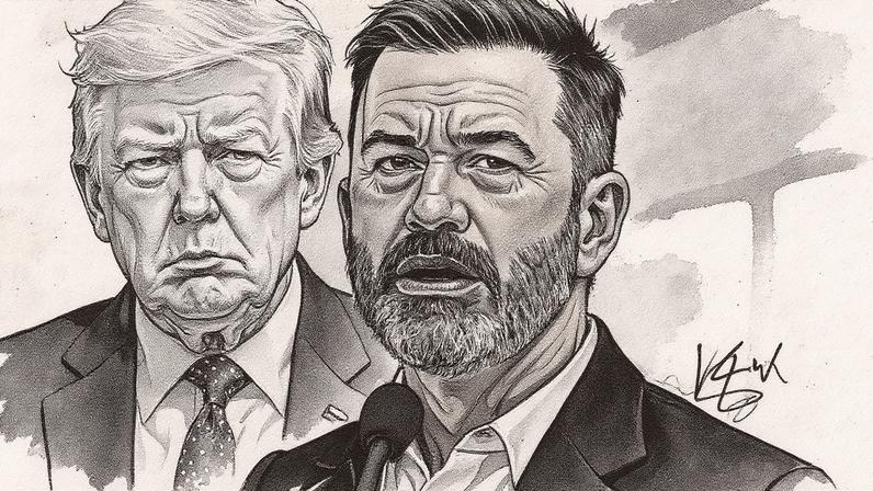 This combination of pictures created on September 18, 2025 shows, Donald Trump in Morristown, New Jersey on September 14, 2025 and television host Jimmy Kimmel in Hollywood, California, June 6, 2024.
