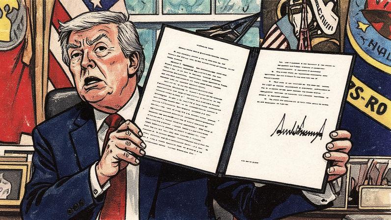 O presidente dos EUA, Donald Trump, mostra decreto sobre um acordo do TikTok