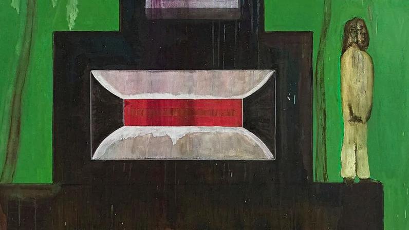 Peter Doig’s Maracas (2002-08), whose seemingly abstract-looking geometric shapes are in fact stacked speakers, which the artist encountered in Trinidad © the artist