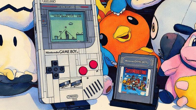 The finished Lego Game Boy posing in front of some Pokémon.