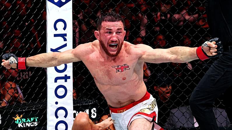 Merab Dvalishvili of Georgia reacts after his submission victory against Sean O'Malley in the UFC bantamweight championship bout during the UFC 316 event at Prudential Center on June 07, 2025 in Newark, New Jersey. (Photo by Ed Mulholland/Zuffa LLC)