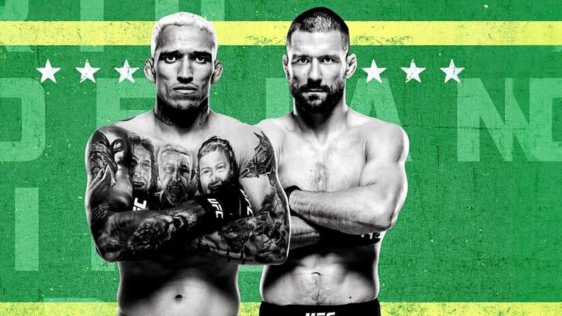 UFC lightweights Charles Oliveira and Mateusz Gamrot stand in front of a green and yellow background