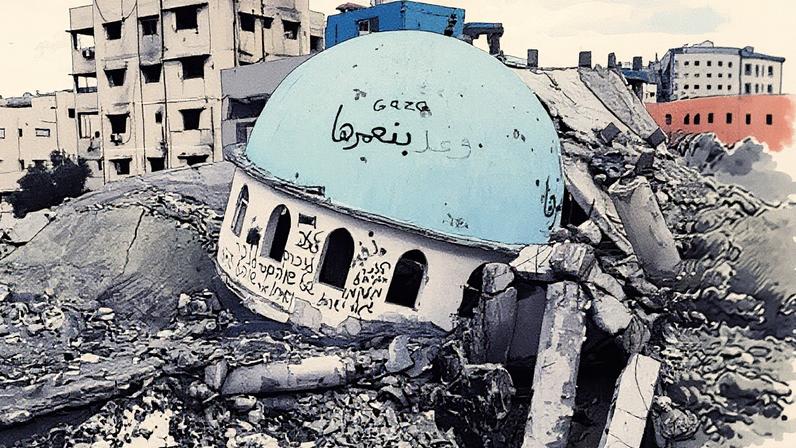 Amid destruction and rain, people go about their day in Jabaliya, 11 February 2025.
