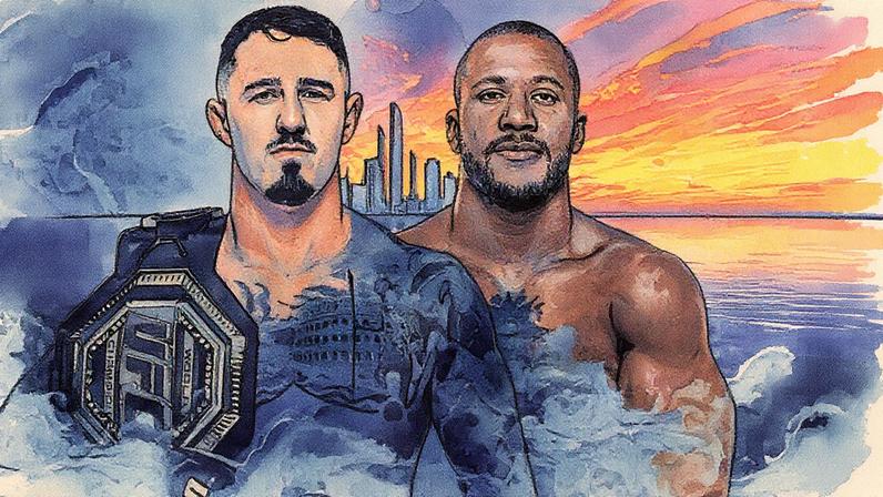 UFC heavyweights Tom Aspinall and Ciryl Gane stand in front of a blue and orange skyline of Abu Dhabi