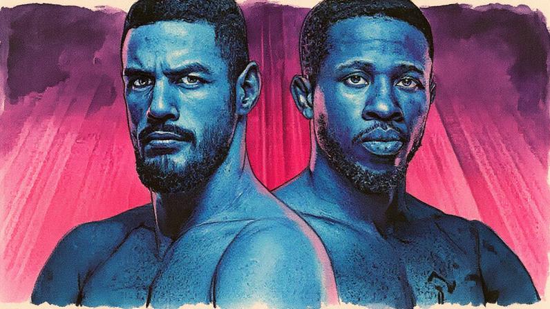 UFC welterweights Gabriel Bonfim and Randy Brown standing side-by-side on a pink background