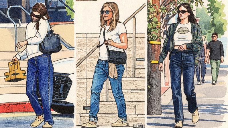 Kaia Gerber, Kendall Jenner and Jennifer Aniston in Birkenstocks. GC Images/Backgrid