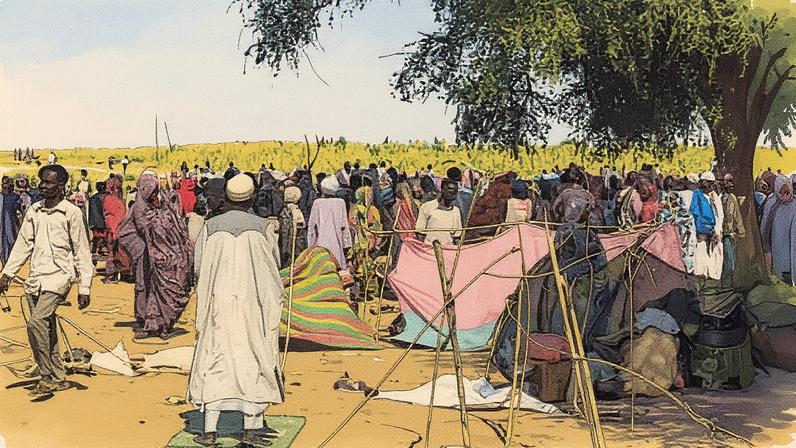 Sudanese people who fled El Fasher gather at a camp in Tawila. Photograph: Muhnnad Adam/AP