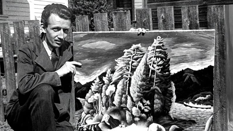 E.J. Hughes with Entrance to Howe Sound (1949) in the backyard at 1341 Vining Street, Victoria Photo: Fern Hughes. Courtesy Heffel