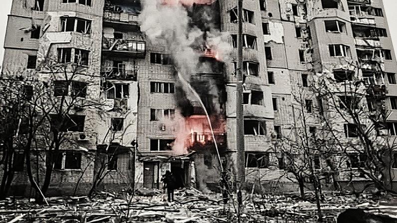 Smoke rises from a burning building as firefighters continue to extinguish the fires following Russian attacks on Kupiansk on 6 April 2025. Photograph: Anadolu/Getty Images