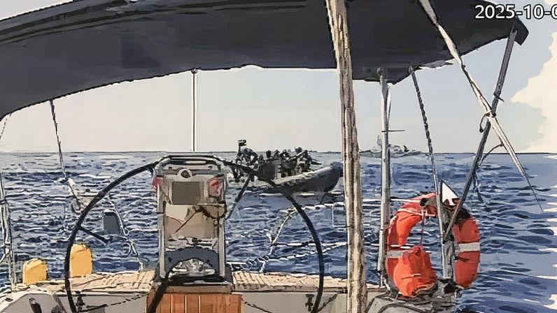 This frame grab from video released by the Global Sumud Flotilla shows Israeli forces about to intercept the Marinette. Photograph: AP