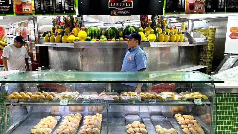 O balcão de salgados e as frutas frescas expostas, um clássico das casas de suco do Rio