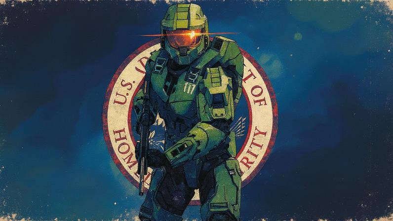 Master Chief in front of the logo for DHS
