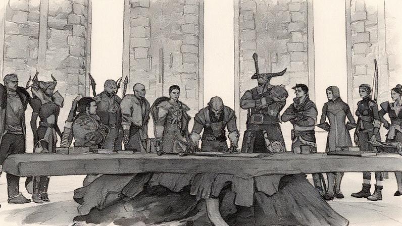 Dragon Age characters gather at a table.