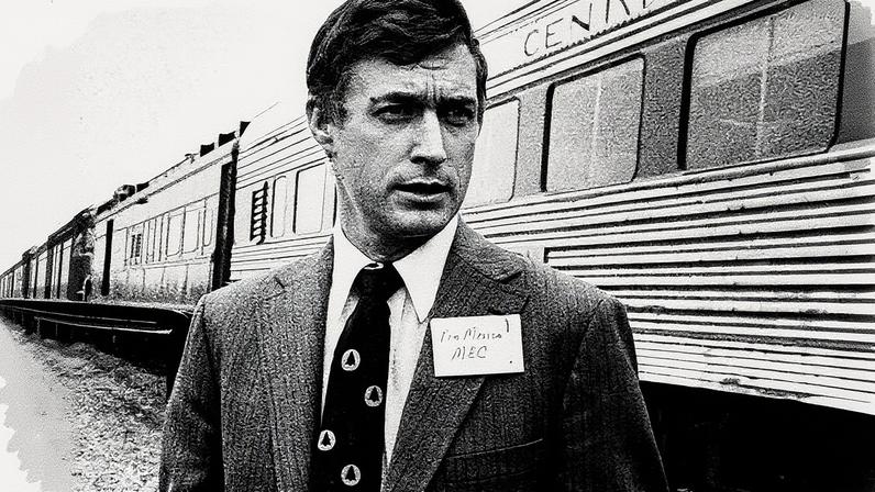 Timothy Mellon, visto do lado de fora de um trem de inspeção durante uma visita a propriedades em 1981