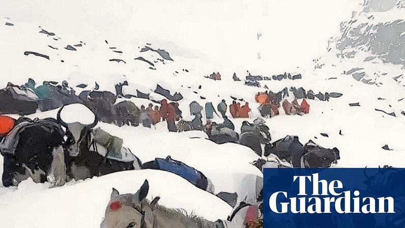 Villagers with oxen and horses ascend Mount Everest during rescue efforts to reach hundreds of hikers trapped by heavy snow. Photograph: Lingsuiye/AP
