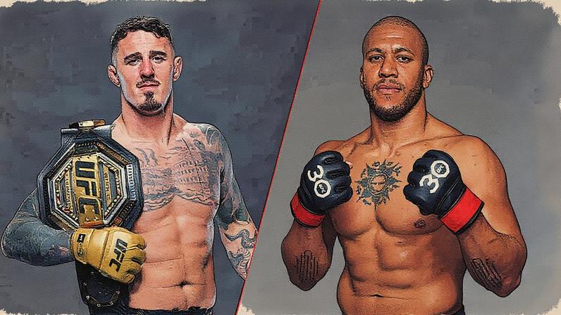 A grey textured background with UFC heavyweight fighters Tom Aspinall and Ciryl Gane