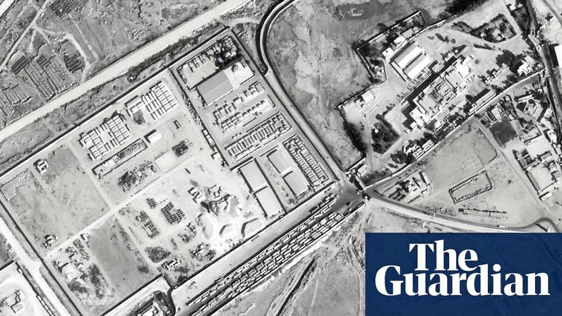 This satellite photo shows trucks lined up on the Egyptian side of the Rafah border crossing with the Gaza Strip, while opening of gateway is delayed.