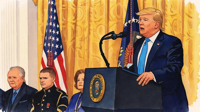 US president Donald Trump during a 2019 ceremony celebrating recipients of the National Medal of Arts and National Humanities Medal Official White House photo by Tia Dufour, via Flickr