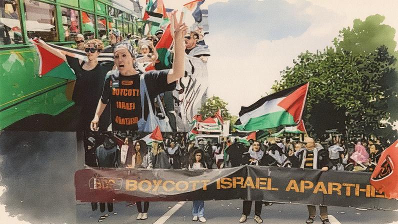 Left: activists from BDS protest against Israel's candidate during the Eurovision song contest 2025 opening ceremony in Basel, Switzerland on 11 May. Right: demonstrators march in support of Gaza and the humanitarian aid Global Sumud Flotilla in Paris, France, on 4 October.