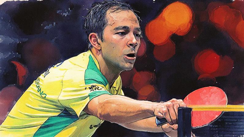 Hugo Calderano na vitória sobre o francês Simon Gauzy no China Smash (Foto: Divulgação/WTT)