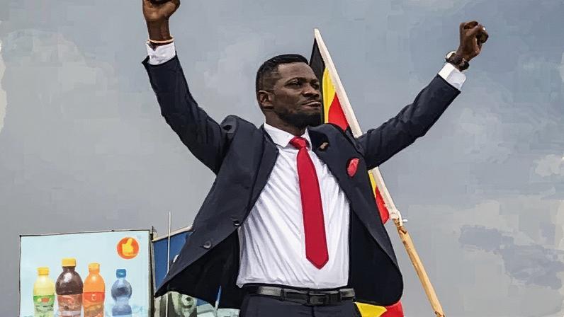 Bobi Wine, a reggae musician turned politician, hails supporters in Kampala after being nominated as a candidate in Uganda’s presidential elections. Photograph: Badru Katumba/AFP/Getty Images
