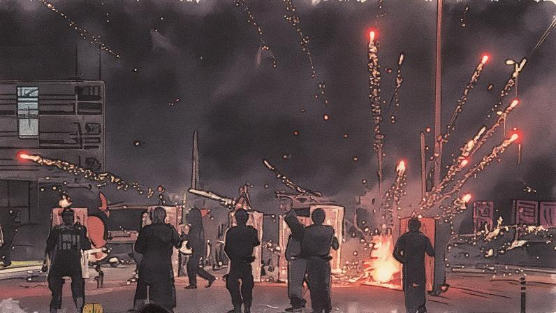 Gardaí behind riot shields face a barrage of fireworks as they protect an entrance to the Citywest hotel.
