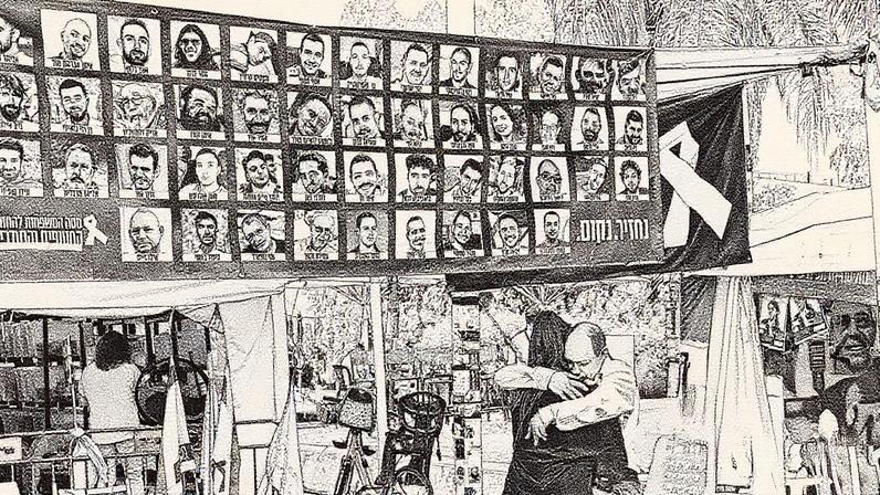 People hug next to a banner with photos of hostages in Hostages Square in Tel Aviv, after Donald Trump announced that Israel and Hamas had agreed on the first phase of a Gaza ceasefire.