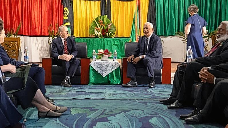 Australia’s Anthony Albanese and Vanuatu’s Nikenike Vurobaravu. Vanuatu wants the Nakamal agreement ‘to genuinely represent what we envision for our people’. Photograph: Office of the prime minister of Australia