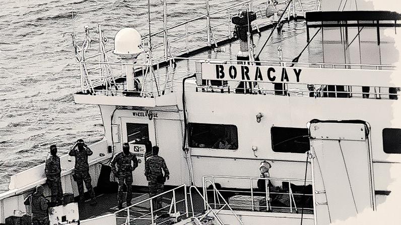 French soldiers seen on the oil tanker named Boracay (also called Pushpa) off the coast of western France on Thursday. Photograph: Stéphane Mahé/Reuters