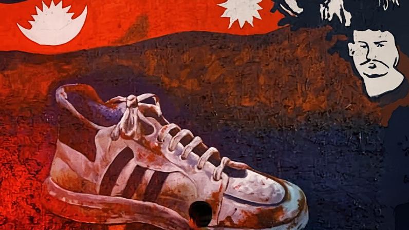 A mural of Prakash Bohora’s bloodied trainer, an image that went viral as an evocative symbol of the deadliest day of protest in Nepal’s history.