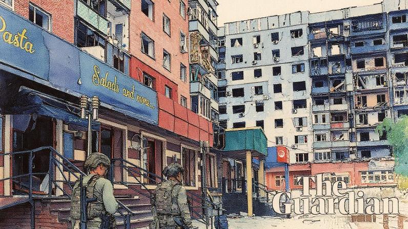 A Ukrainian serviceman stands among the rubble of destroyed residential buildings in the frontline town of Kostyantynivka, Donetsk region, earlier this month. Photograph: 24th Mechanized Brigade of Ukrainian Armed Forces/AFP/Getty Images