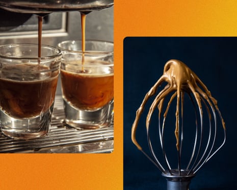 Espresso machine making coffee and chocolate mousse on a whisk