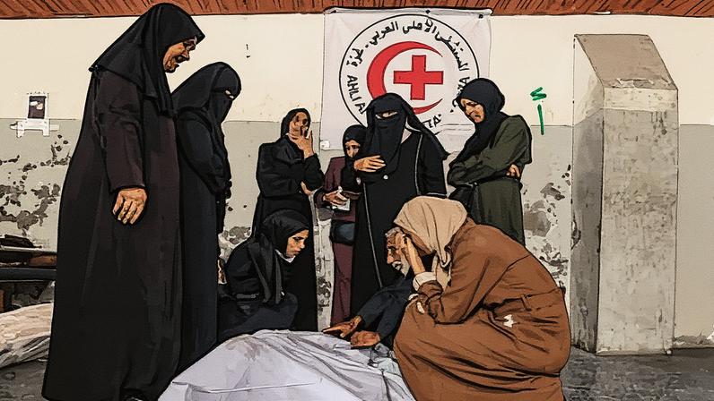Relatives mourn the 11 members of the Abu Shabaan family killed by Israeli tank fire while trying to reach their home in a bus.