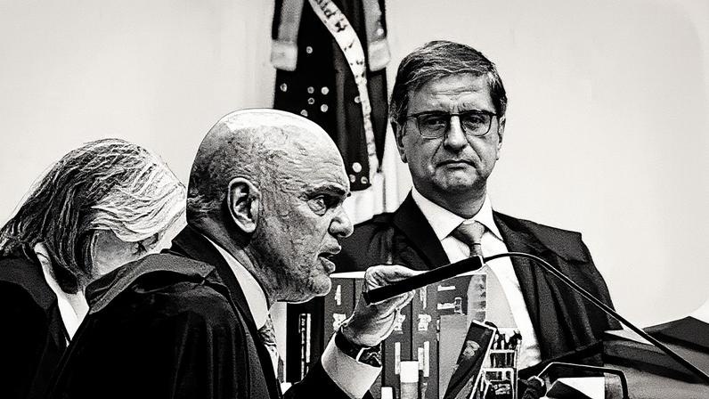 O ministro Alexandre de Moraes lê seu voto no julgamento da trama golpista; Bolsonaro e outros sete são réus. Foto: Gustavo Moreno/STF