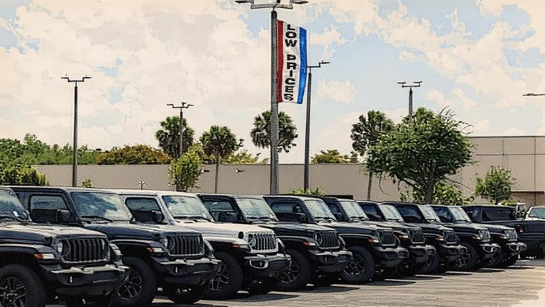 Jeep vehicles displayed for sale at a Stellantis NV dealership in Miami, Florida.