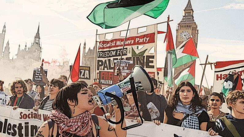 Protesters on Westminster Bridge during a pro-Palestine march in London on 11 October. Photograph: Tolga Akmen/EPA