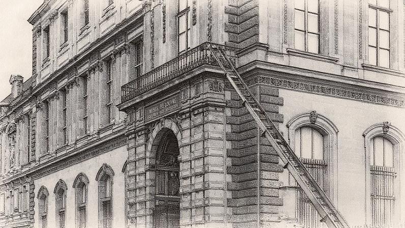 French police officers next to a furniture elevator used by robbers to enter the Louvre on 19 October.