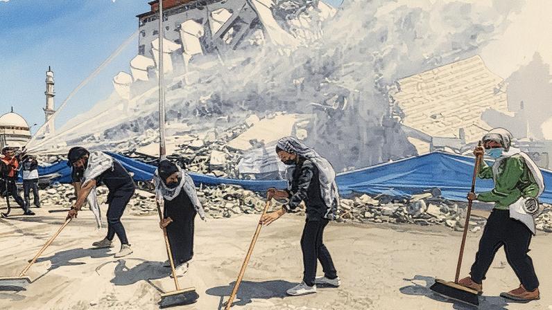 Palestinian volunteers and municipal workers begin the job of clearing rubble in Gaza City.