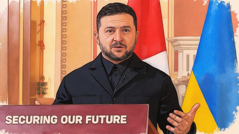 Ukraine's President Volodymyr Zelenskyy speaks to the media after a meeting of the so-called ‘coalition of the willing’ in London with UK prime minister Keir Starmer.