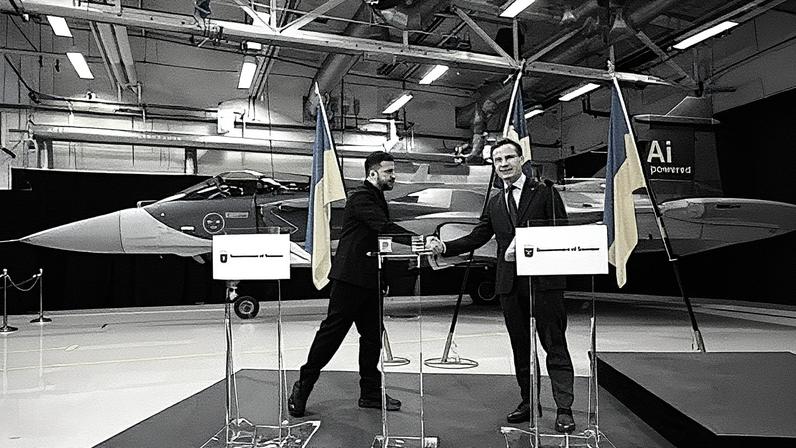 Gripen grin: Volodymyr Zelenskyy shakes hands with the Swedish prime minister, Ulf Kristersson, in front of one of the Swedish fighter jets in Linkoping, Sweden.