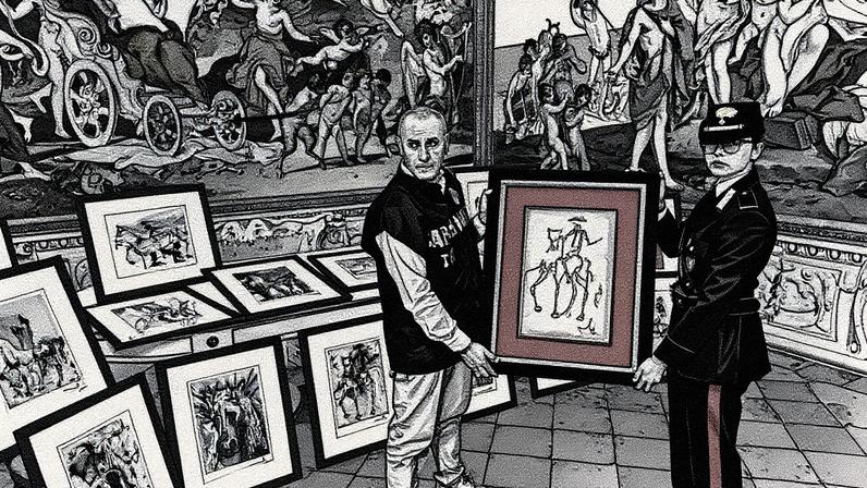 Officers from the Carabinieri TPC pose with some of the works, which were removed from display on Tuesday 30 September Carabinieri Cultural Heritage Protection Command via AP