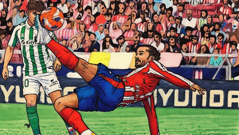 Antoine Griezmann, do Atlético de Madrid, tenta uma bicicleta durante a partida contra o Real Betis (Foto: Javier Soriano/AFP)