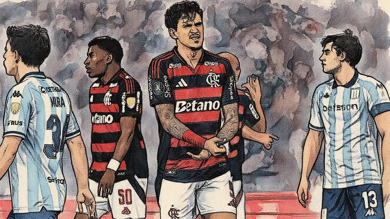 Pedro segurando a mão fraturada em Flamengo x Racing (Foto: Mauro PIMENTEL/AFP)