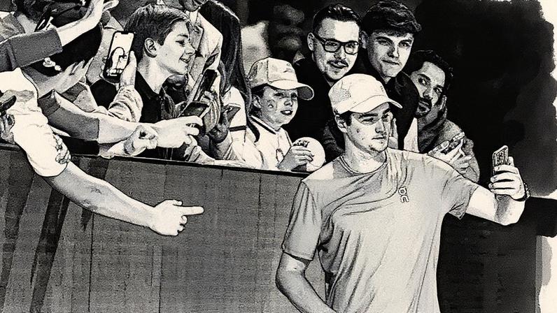 João Fonseca posa com fãs após a vitória na semifinal do ATP 500 da Basileia (Foto Fabrice COFFRINI / AFP)