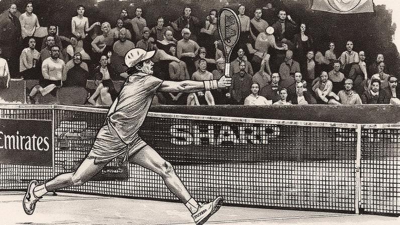 João Fonseca faz um voleio na vitória sobre Fokina na final (Photo by Fabrice COFFRINI / AFP)