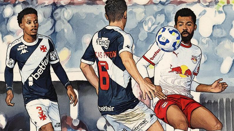 Lucas Piton, do Vasco, disputa bola com Matheus Fernandes, do Bragantino, em partida do primeiro turno do Brasileirão 2025 (Foto: Jorge Rodrigues/AGIF)
