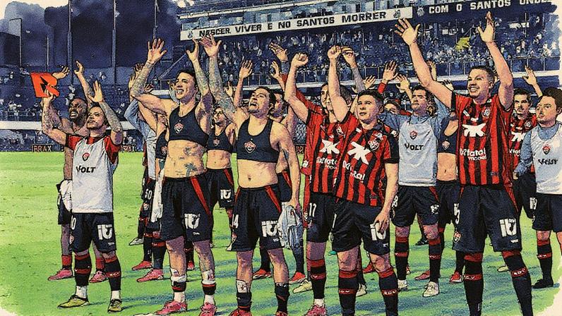 Jogadores do Vitória comemoram resultado com a torcida na Vila Belmiro (Foto: Mauricio De Souza/AGIF)